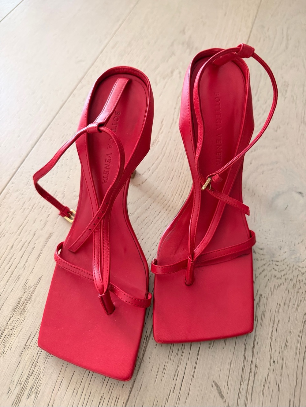 Bottega Veneta Bright Red Square-Toe Strappy Sandals